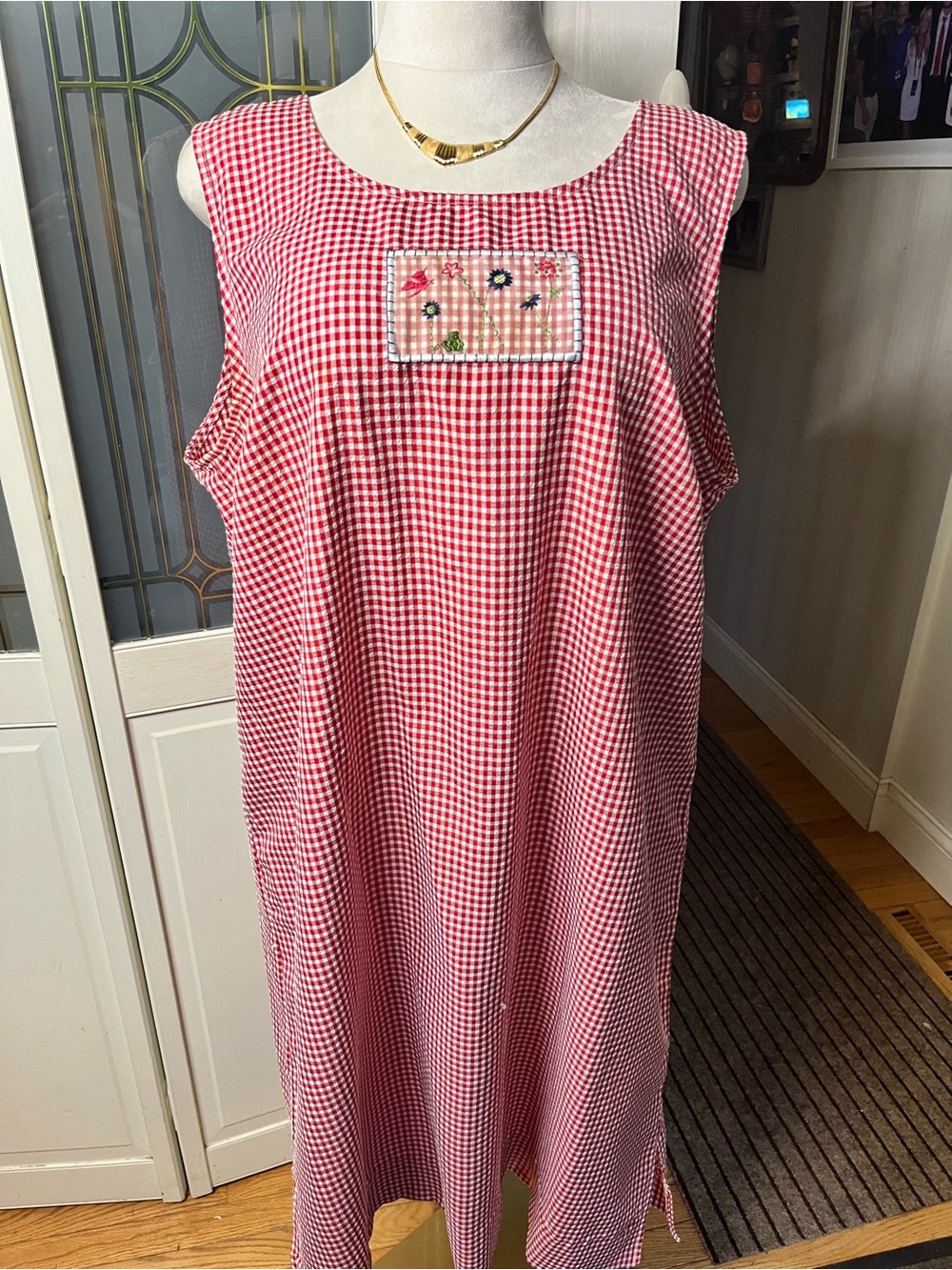Teddi 2X Red White Gingham Embroidered Cottagecore Shift Dress
